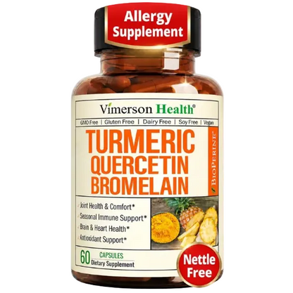 Quercetin with Bromelain Turmeric Curcumin Supplement – Triple Action: Allergy Relief, Inflammation and Joint Support with Organic Tumeric + Bioperine for Max Absorption – 60 Quercetin 500mg Capsules