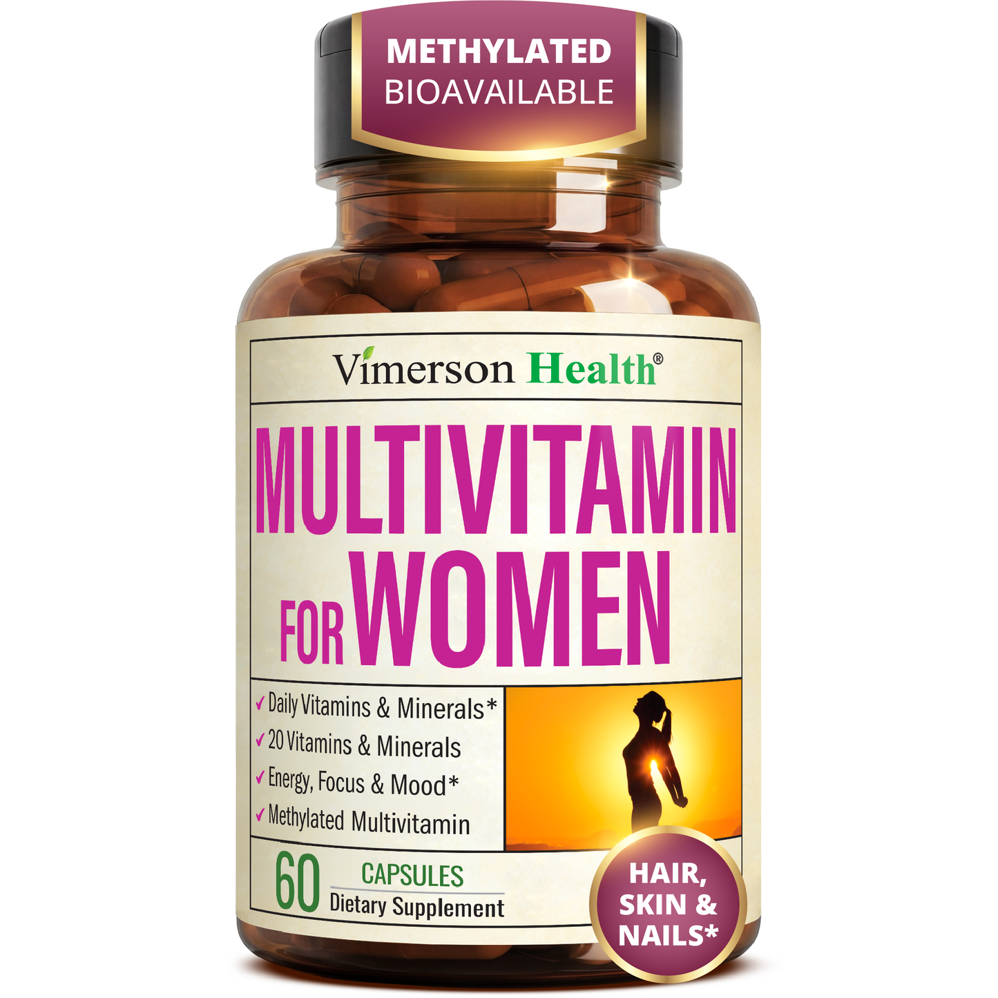 Multivitamin for Women: Methylated B Vitamins, Chelated Minerals and Bioavailable D3 for Focus and Energy Support – Daily Womens Multivitamins and Multiminerals – 60 Capsules