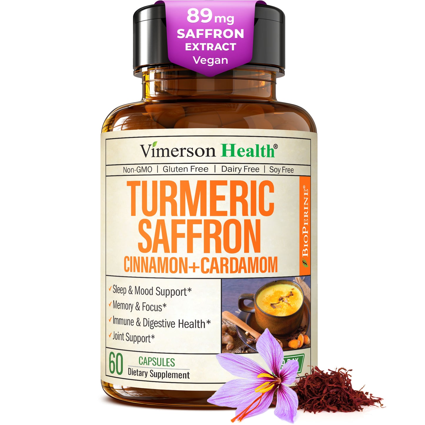 Saffron Supplements – 89mg Saffron Extract and 1000mg Tumeric Blend – Turmeric Supplement with Ceylon Cinnamon and Cardamom for Mood, Memory & Eye Health – Joint Supplements for Women & Men – 60 Count