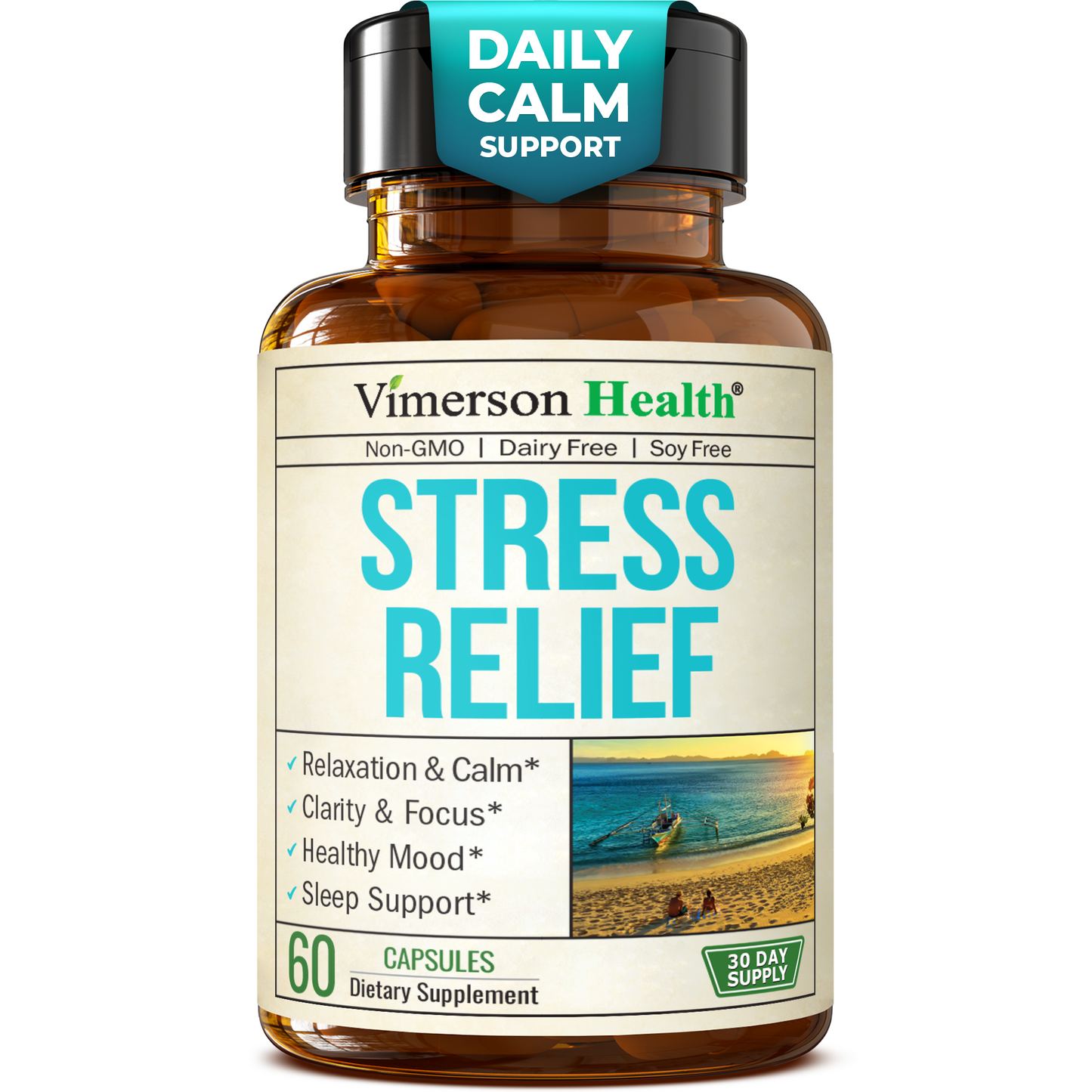 Stress Relief Supplement with 5HTP, Ashwagandha, Valerian, St John’s Wort, GABA, Chamomile & B-Vitamins - Promotes Relaxation, Sleep, Calm & Balanced Mood, Energy & Focus. Vegan, Non-GMO, 60 Capsules