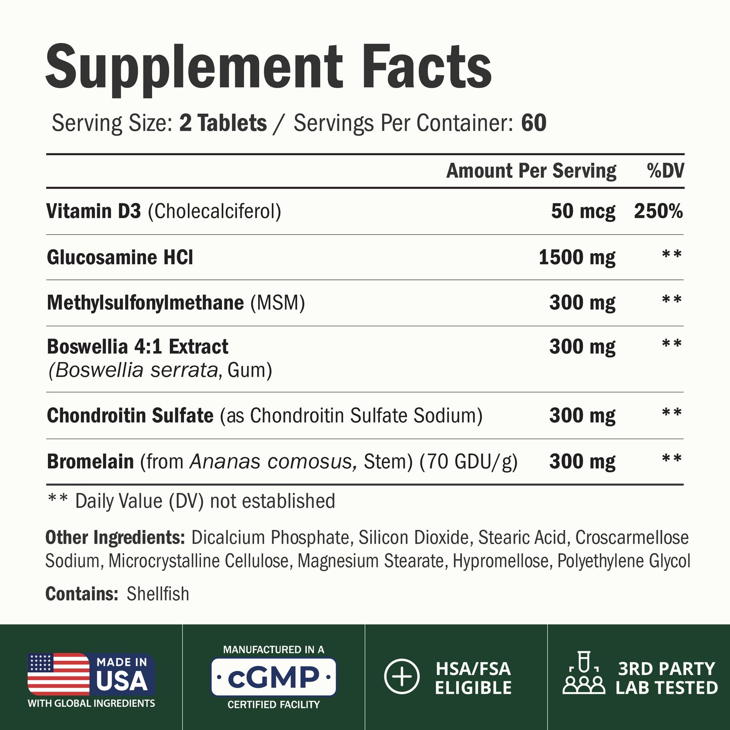 Vitamin D3 2000IU & Glucosamine Chondroitin – Daily Joint Support Supplement for Hair Skin Nails, Bone Health & Comfort with Boswellia Extract, Bromelain, Glucosamine Sulfate – FSA Eligible 120 Tabs