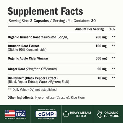 Organic Apple Cider Vinegar Capsules – Turmeric and Apple Cider Vinegar, Ginger Root + Bioperine for Max Absorption – Aids Metabolism, Energy & Inflammation Balance – Tumeric ACV Capsules - 60 Count
