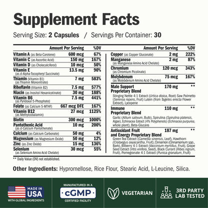 Multivitamin for Men: Methylated B Vitamins, Chelated Minerals and Bioavailable D3 for Focus and Energy Support – Daily Mens Multivitamins and Multiminerals – 60 Capsules