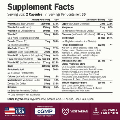 Multivitamin for Women: Methylated B Vitamins, Chelated Minerals and Bioavailable D3 for Focus and Energy Support – Daily Womens Multivitamins and Multiminerals – 60 Capsules