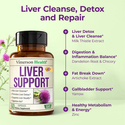 Liver Cleanse Detox 40+ Formula with Silymarin 50% Milk Thistle, Solarplast® Antioxidants, Digestive Enzymes & Artichoke 4:1 Extract – Supports Detox, Digestion & Energy. 60 Capsules, 20 Day Supply