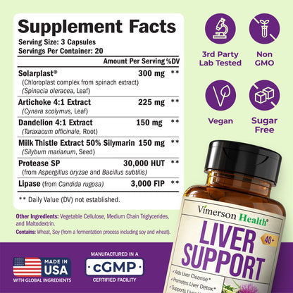 Liver Cleanse Detox 40+ Formula with Silymarin 50% Milk Thistle, Solarplast® Antioxidants, Digestive Enzymes & Artichoke 4:1 Extract – Supports Detox, Digestion & Energy. 60 Capsules, 20 Day Supply