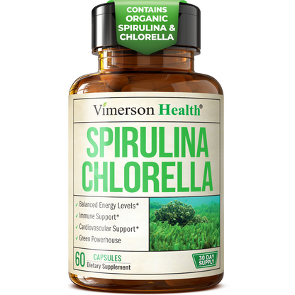 Organic Spirulina and Chlorella Capsules - Spirulina Capsules with Chlorella Powder for Immune, Antioxidant & Energy Support. Nutritious Super Green. Vegan & Non-GMO. Third Party Tested. 60 Caps