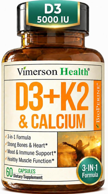 Vitamin D3 K2 Calcium Supplement for Bone, Muscle & Immune Support – Vitamin D3 5000 IU, Vitamin K2 MK7, Calcium & Black Pepper (BioPerine) for Max Absorption – All-in-One Convenience – 60 Capsules