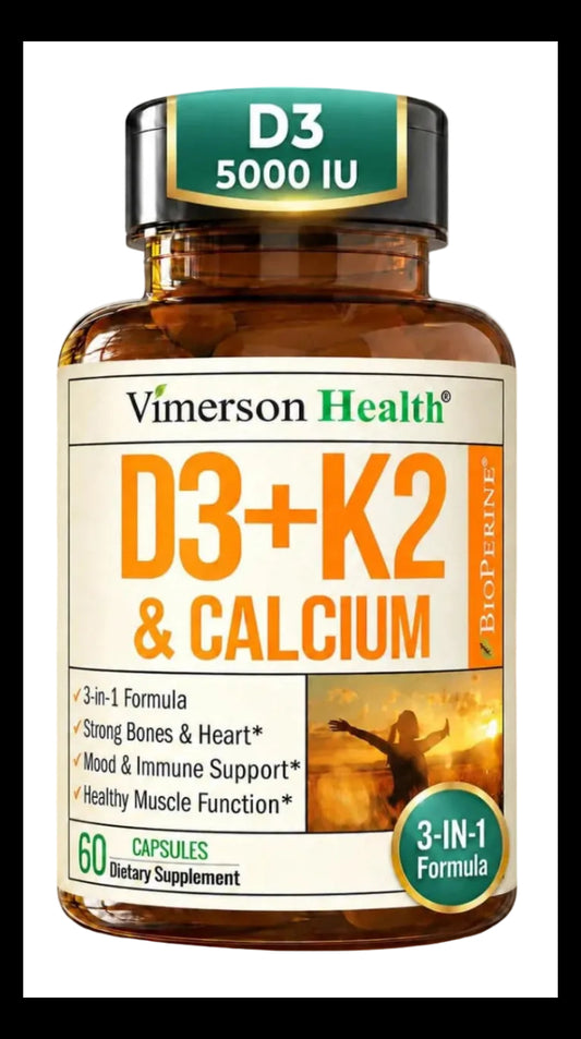 Vitamin D3 K2 Calcium Supplement for Bone, Muscle & Immune Support – Vitamin D3 5000 IU, Vitamin K2 MK7, Calcium & Black Pepper (BioPerine) for Max Absorption – All-in-One Convenience – 60 Capsules