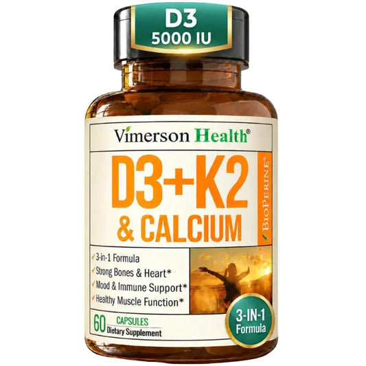Vitamin D3 K2 Calcium Supplement for Bone, Muscle & Immune Support – Vitamin D3 5000 IU, Vitamin K2 MK7, Calcium & Black Pepper (BioPerine) for Max Absorption – All-in-One Convenience – 60 Capsules