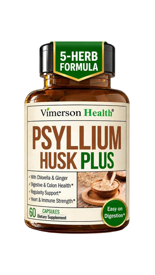 Psyllium Husk Capsules 1080mg – Gentle Psyllium Husk Fiber Capsules for Regularity, Digestive and Gut Health – Daily Fiber Supplement with Slippery Elm and Ginger Root - Non-GMO - 60 Vegan Capsules