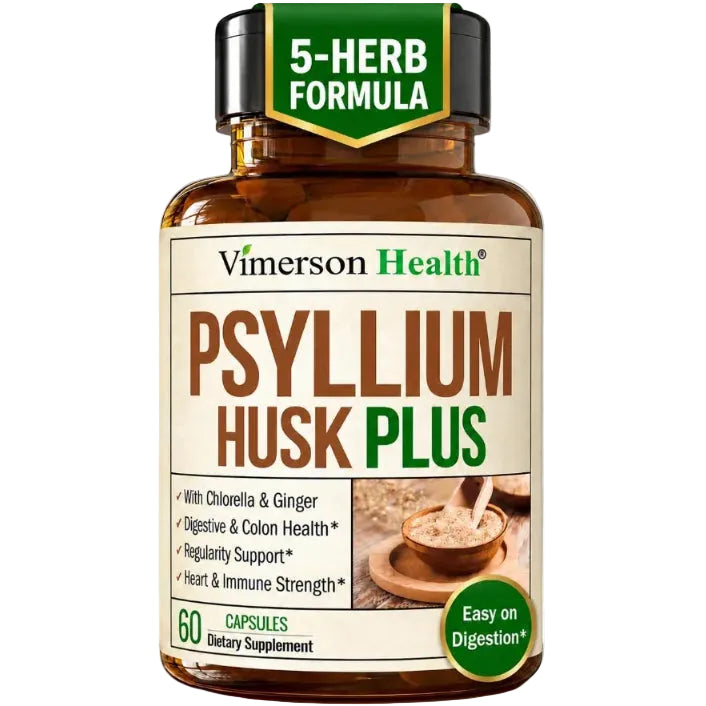 Psyllium Husk Capsules 1080mg – Gentle Psyllium Husk Fiber Capsules for Regularity, Digestive and Gut Health – Daily Fiber Supplement with Slippery Elm and Ginger Root - Non-GMO - 60 Vegan Capsules