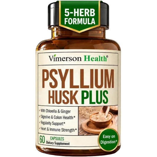 Psyllium Husk Capsules 1080mg – Gentle Psyllium Husk Fiber Capsules for Regularity, Digestive and Gut Health – Daily Fiber Supplement with Slippery Elm and Ginger Root - Non-GMO - 60 Vegan Capsules