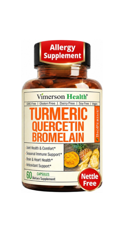 Quercetin with Bromelain Turmeric Curcumin Supplement – Triple Action: Allergy Relief, Inflammation and Joint Support with Organic Tumeric + Bioperine for Max Absorption – 60 Quercetin 500mg Capsules