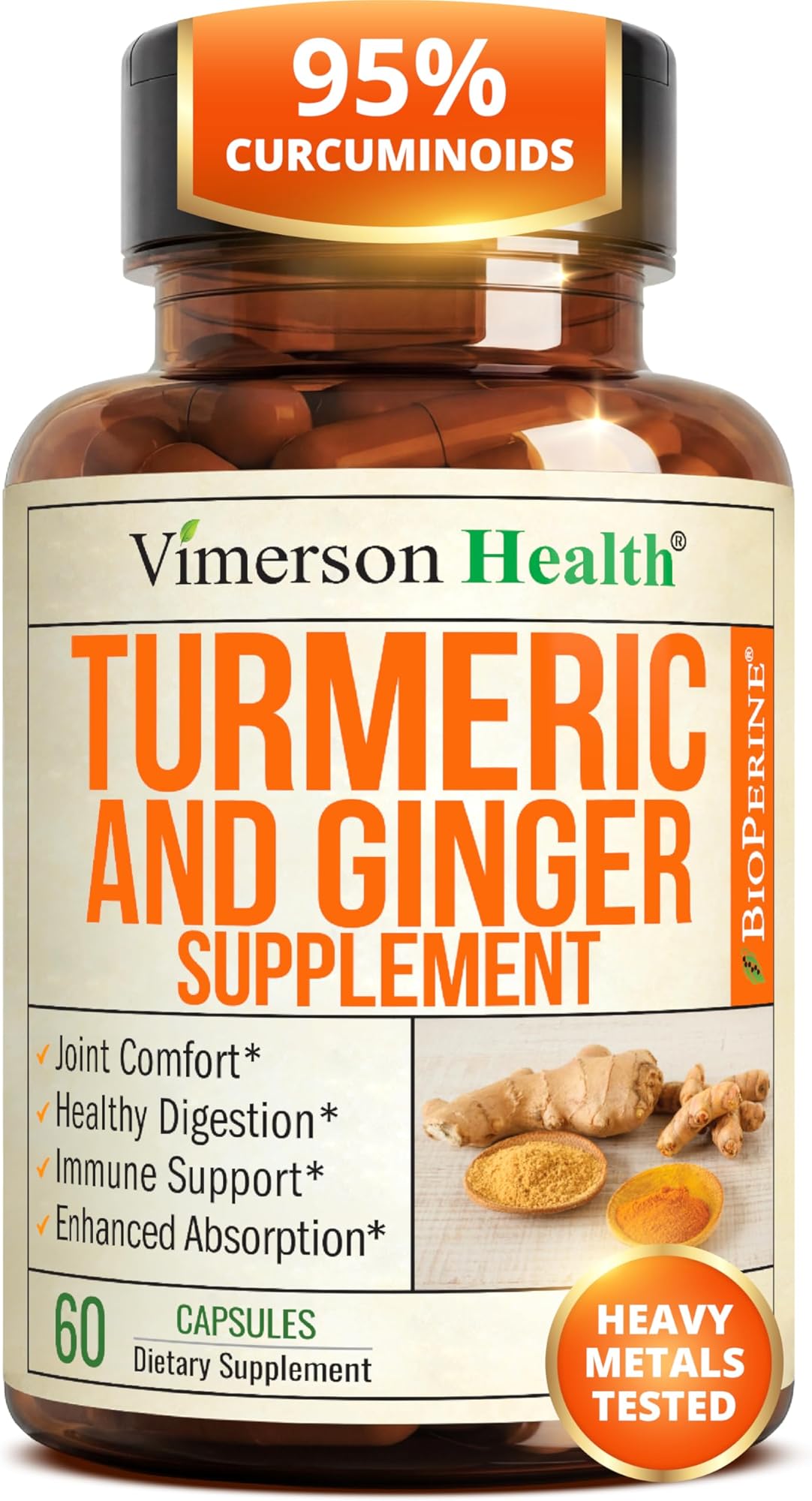 Turmeric and Ginger Supplement with Organic Tumeric for Daily Joint Support, Digestive & Immune Health – with Ginger & Black Pepper Extract (BioPerine) for Enhanced Absorption – Non-GMO – 60 Capsules