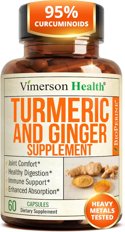 Turmeric and Ginger Supplement with Organic Tumeric for Daily Joint Support, Digestive & Immune Health – with Ginger & Black Pepper Extract (BioPerine) for Enhanced Absorption – Non-GMO – 60 Capsules