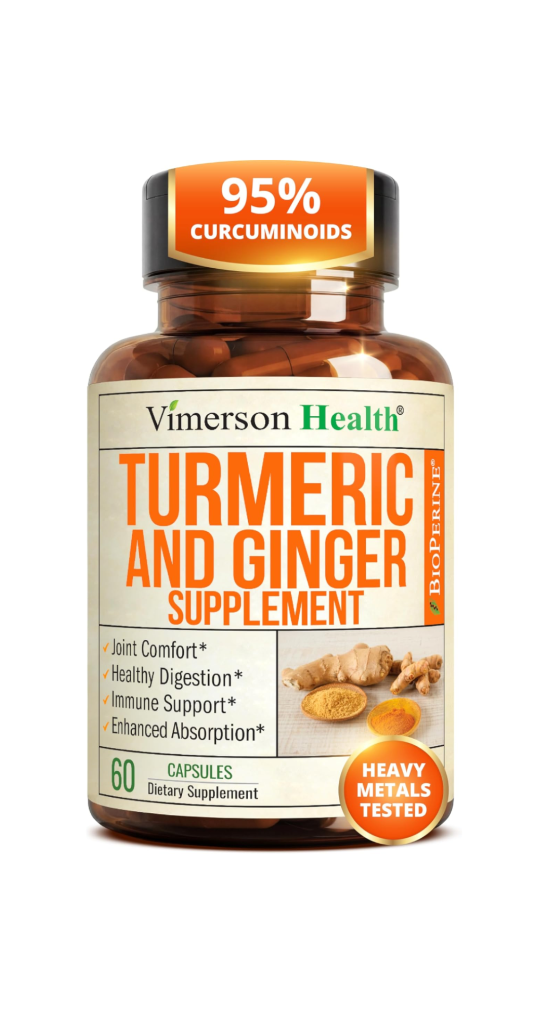 Turmeric and Ginger Supplement with Organic Tumeric for Daily Joint Support, Digestive & Immune Health – with Ginger & Black Pepper Extract (BioPerine) for Enhanced Absorption – Non-GMO – 60 Capsules