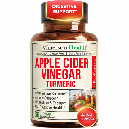 Organic Apple Cider Vinegar Capsules – Turmeric and Apple Cider Vinegar, Ginger Root + Bioperine for Max Absorption – Aids Metabolism, Energy & Inflammation Balance – Tumeric ACV Capsules - 60 Count