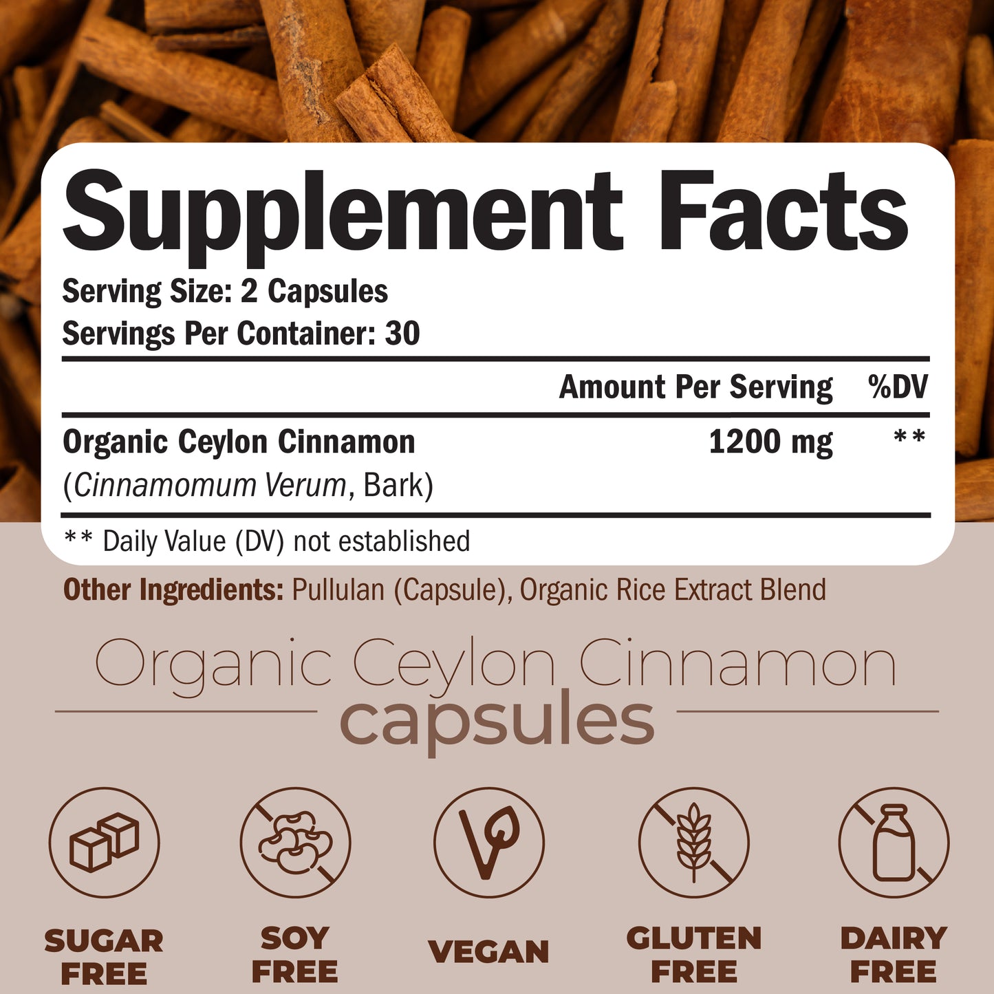 Organic Ceylon Cinnamon Capsules - Ceylon True Cinnamon Supplements (Canela de Ceylan) for Inflammation Balance, Cognitive Function, Metabolic, Antioxidant Support. Non-GMO. Vegan. 60 Caps Made in USA