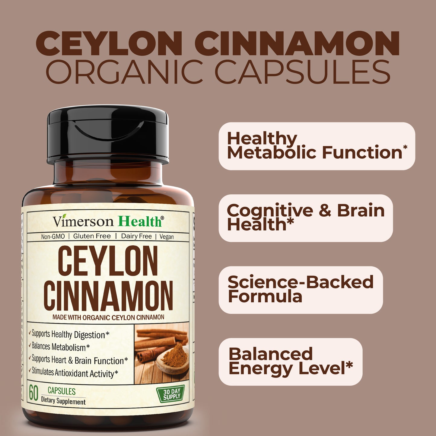 Organic Ceylon Cinnamon Capsules - Ceylon True Cinnamon Supplements (Canela de Ceylan) for Inflammation Balance, Cognitive Function, Metabolic, Antioxidant Support. Non-GMO. Vegan. 60 Caps Made in USA