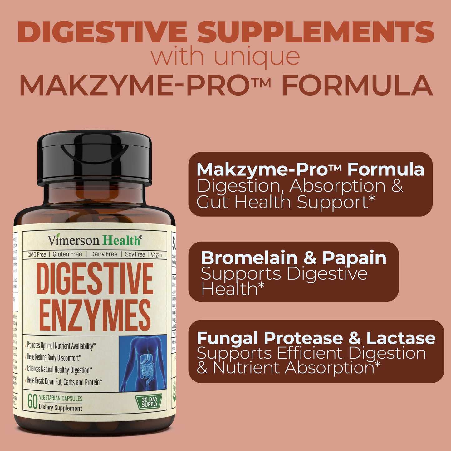 Digestive Enzymes - Probiotic Multi Enzyme (Enzimas Digestivas) - Digestive Supplements with Unique Makzyme-Pro Formula - Advanced Enzymes for Digestion, Bowel Movements & Nutrient Absorption. 60 Caps