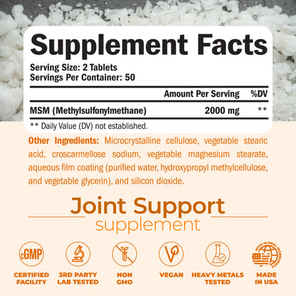 MSM 2000mg - Joint Support Supplement for Cartilage & Joint Health. Antioxidant Properties. Aids Inflammatory Response. Occasional Discomfort Relief - Back, Knees, Hands. Non-GMO. Vegan. 50 Day Supply