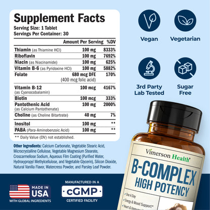 Vitamin B Complex with Vitamin B12, Niacin, Vitamin B2, Vitamin B6, Folic Acid 400mcg. B Complex Vitamins for Women & Men. Aids Mood, Energy, Nervous System & Immune Support. High Potency. One a Day
