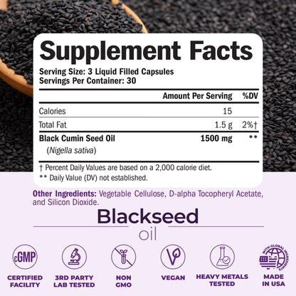 Black Seed Oil - Cold Pressed Black Seed Oil Capsules - Provides Vitamin E & Omega 3 6 9 - High Potency (1500mg) for Immune & Joint Support, Antioxidants, Digestion, Hair Skin Nails - Vegan 90 Caps