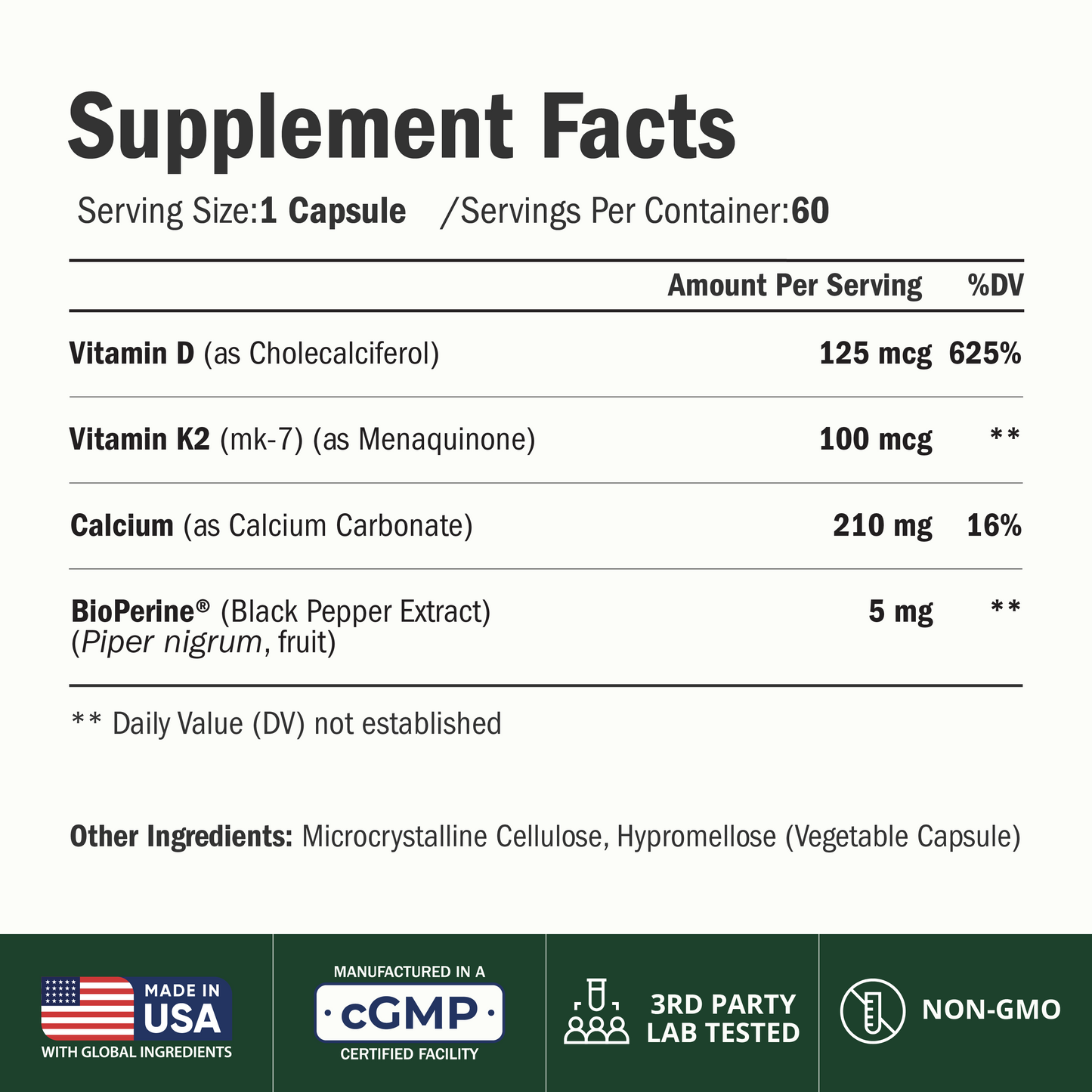 Vitamin D3 K2 Calcium Supplement for Bone, Muscle & Immune Support – Vitamin D3 5000 IU, Vitamin K2 MK7, Calcium & Black Pepper (BioPerine) for Max Absorption – All-in-One Convenience – 60 Capsules