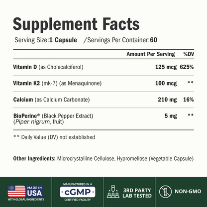 Vitamin D3 K2 Calcium Supplement for Bone, Muscle & Immune Support – Vitamin D3 5000 IU, Vitamin K2 MK7, Calcium & Black Pepper (BioPerine) for Max Absorption – All-in-One Convenience – 60 Capsules