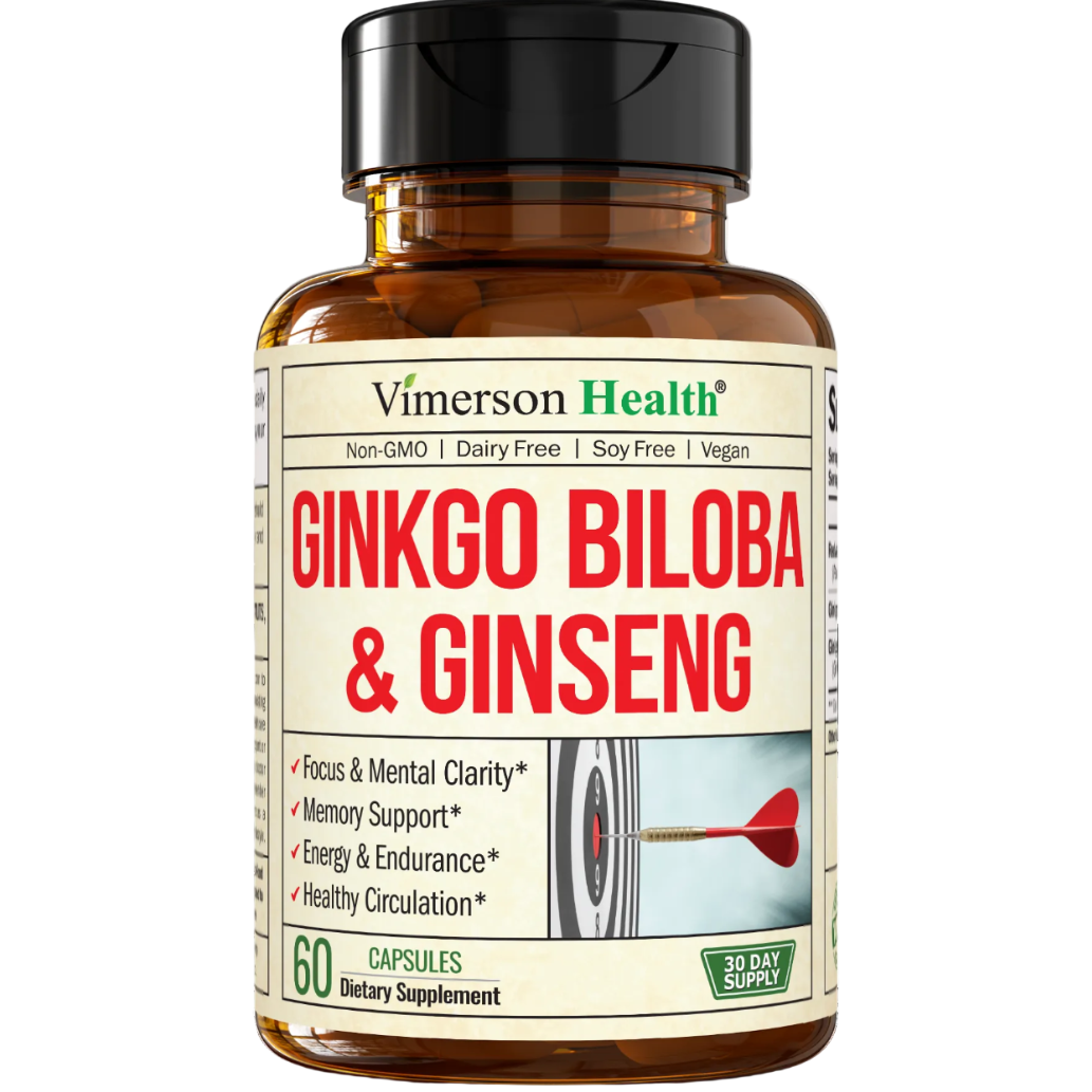 Asian Ginseng and Ginkgo Biloba Supplements – Panax Ginseng Extract 700mg + Ginko Biloba 720mg – Nootropic Brain Supplement for Memory, Focus & Sustained Energy – 60 Easy-to-Swallow Capsules