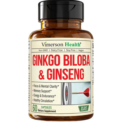 Asian Ginseng and Ginkgo Biloba Supplements – Panax Ginseng Extract 700mg + Ginko Biloba 720mg – Nootropic Brain Supplement for Memory, Focus & Sustained Energy – 60 Easy-to-Swallow Capsules