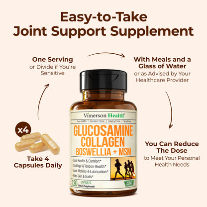 Glucosamine Chondroitin MSM with Hydrolyzed Collagen Peptides - Joint Support Supplement with Quercetin, Bromelain & Boswellia Extract - Collagen pills for Hair Skin Nails - FSA Eligible 120 Caps