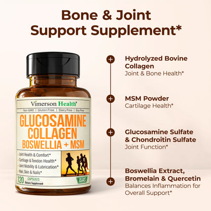 Glucosamine Chondroitin MSM with Hydrolyzed Collagen Peptides - Joint Support Supplement with Quercetin, Bromelain & Boswellia Extract - Collagen pills for Hair Skin Nails - FSA Eligible 120 Caps