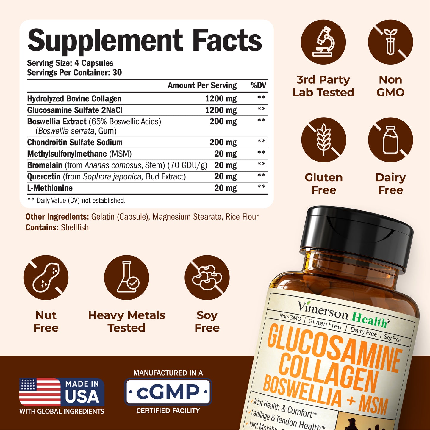 Glucosamine Chondroitin MSM with Hydrolyzed Collagen Peptides - Joint Support Supplement with Quercetin, Bromelain & Boswellia Extract - Collagen pills for Hair Skin Nails - FSA Eligible 120 Caps