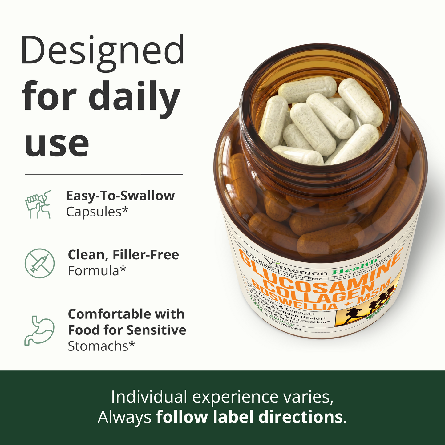 Glucosamine Chondroitin with 1200mg Hydrolyzed Collagen Peptides, Boswellia Extract, Quercetin, Bromelain, MSM – Hair Skin Nails and Joint Supplement for Women & Men – FSA Eligible 120 Capsules