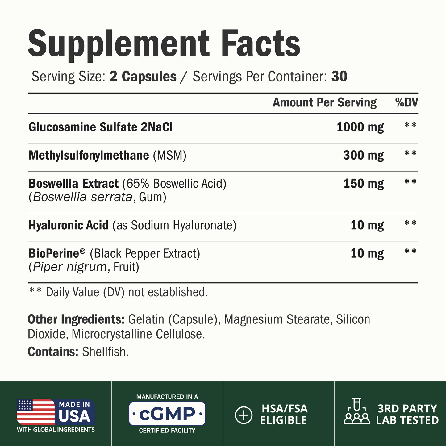 Joint Support Supplement with Glucosamine Sulfate, Hyaluronic Acid, Boswellia & MSM – Supports Joint Health, Mobility & Bone Strength – for Daily Use – FSA Eligible 60 Capsules