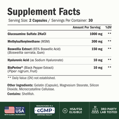 Joint Support Supplement with Glucosamine Sulfate, Hyaluronic Acid, Boswellia & MSM – Supports Joint Health, Mobility & Bone Strength – for Daily Use – FSA Eligible 60 Capsules