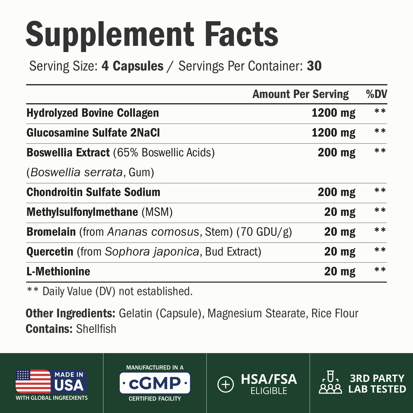 Glucosamine Chondroitin with 1200mg Hydrolyzed Collagen Peptides, Boswellia Extract, Quercetin, Bromelain, MSM – Hair Skin Nails and Joint Supplement for Women & Men – FSA Eligible 120 Capsules