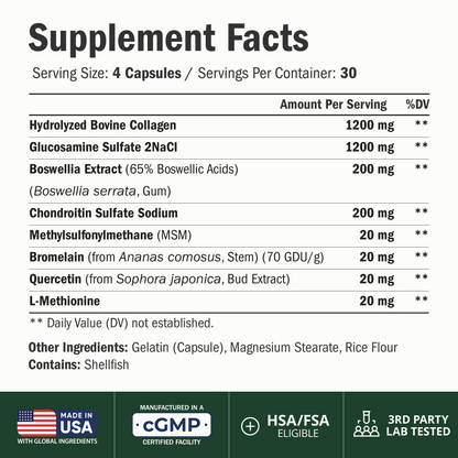 Glucosamine Chondroitin with 1200mg Hydrolyzed Collagen Peptides, Boswellia Extract, Quercetin, Bromelain, MSM – Hair Skin Nails and Joint Supplement for Women & Men – FSA Eligible 120 Capsules