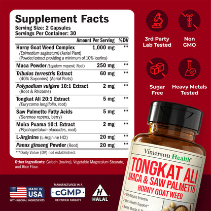 HornyGoatWeed for Men (1000mg per Serving) – Male Enhancing Supplement w/ Maca Root, Tongkat Ali, Saw Palmetto, Panax Ginseng, Tribulus Terrestris & L-Arginine for Energy, Drive & Strength, 60 Count