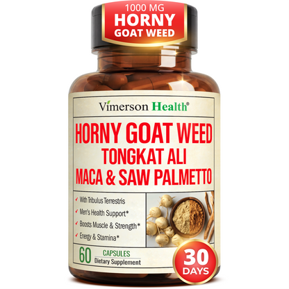 HornyGoatWeed for Men 1000mg - Male Enhancing Supplement with Tongkat Ali, Maca Root, Saw Palmetto, Panax Ginseng, Tribulus Terrestris - Horny Goat Weed for Energy, Drive & Strength, 60 capsules