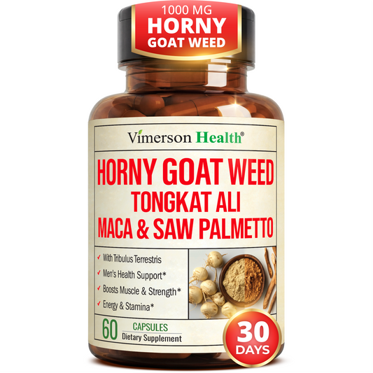 HornyGoatWeed for Men 1000mg - Male Enhancing Supplement with Tongkat Ali, Maca Root, Saw Palmetto, Panax Ginseng, Tribulus Terrestris - Horny Goat Weed for Energy, Drive & Strength, 60 capsules