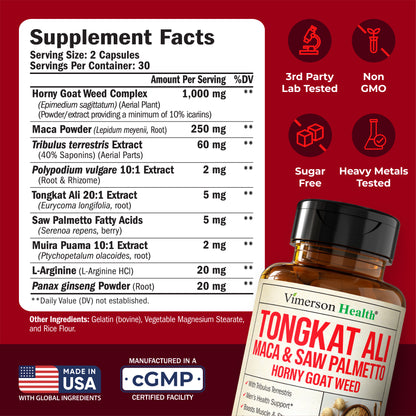 HornyGoatWeed for Men (1000mg per Serving) – Male Enhancing Supplement w/ Maca Root, Tongkat Ali, Saw Palmetto, Panax Ginseng, Tribulus Terrestris & L-Arginine for Energy, Drive & Strength, 60 Count