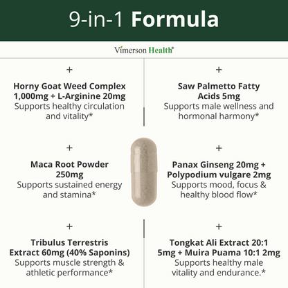 Horny Goat Weed for Men 1000mg – 9-in-1 Male Enhancing Supplement for Energy & Stamina – Hornygoatweed with Maca Root, Tongkat Ali, Saw Palmetto, Panax Ginseng & Tribulus Terrestris – 60 Capsules