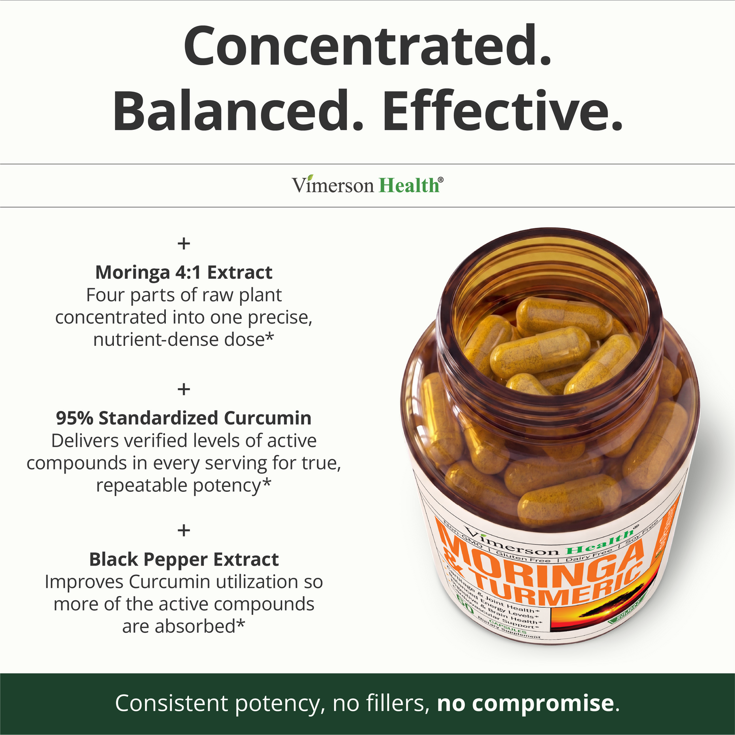 Moringa Capsules – 3-in-1 Turmeric Moringa Supplement with BioPerine (Black Pepper Extract) for Max Absorption – Potent 4:1 Moringa Oleifera Extract + Tumeric for Energy & Joint Support – 60 Capsules