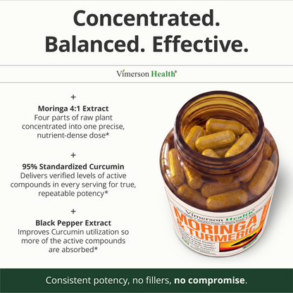 Moringa Capsules – 3-in-1 Turmeric Moringa Supplement with BioPerine (Black Pepper Extract) for Max Absorption – Potent 4:1 Moringa Oleifera Extract + Tumeric for Energy & Joint Support – 60 Capsules