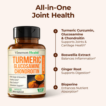 Turmeric Supplement with Glucosamine Chondroitin. Joint Supplements for Women & Men with Ginger, Boswellia, MSM & Tumeric Curcumin with Black Pepper (Bioperine). Aids Immune & Joint Support. 60 Caps