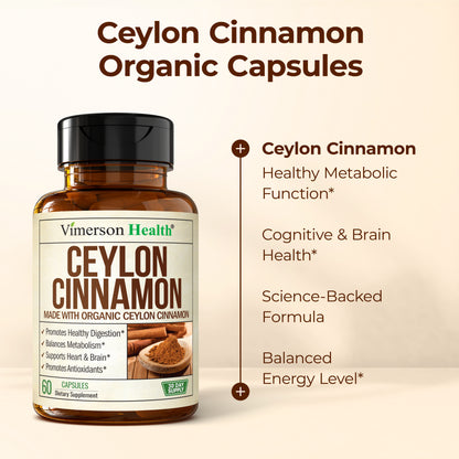 Organic Ceylon Cinnamon Capsules - Ceylon True Cinnamon Supplements (Canela de Ceylan) for Inflammation Balance, Cognitive Function, Metabolic, Antioxidant Support. Non-GMO. Vegan. 60 Caps Made in USA