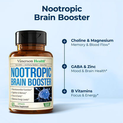 Nootropics Brain Support Supplement - Nootropic Brain Booster for Improved Focus, Concentration & Memory. Brain Nootropic for Brain Health, Mood & Energy Support. Non-GMO. Made in the USA. 60 Capsules
